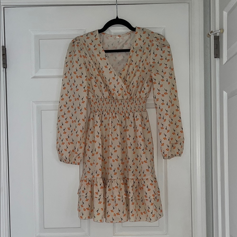 SHEIN Tan Ruffled Wrap Sundress with Bishop Sleeves